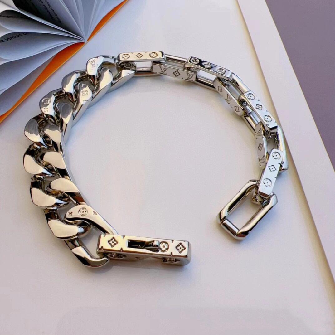 Louis Vuitton Silver Chunky Mixed Cuban Chain Mens Bracelet - Best Replica Jewelry™