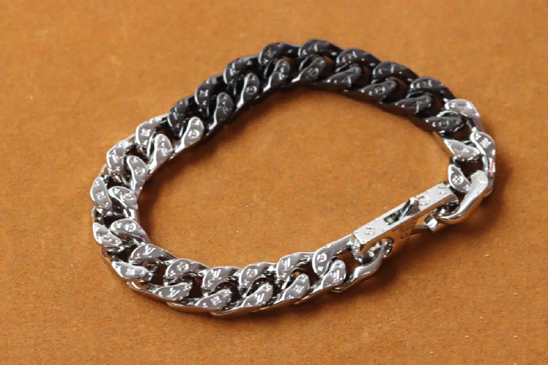 Louis Vuitton Silver Black Cuban Monogram Mens Bracelet - Best Replica Jewelry™