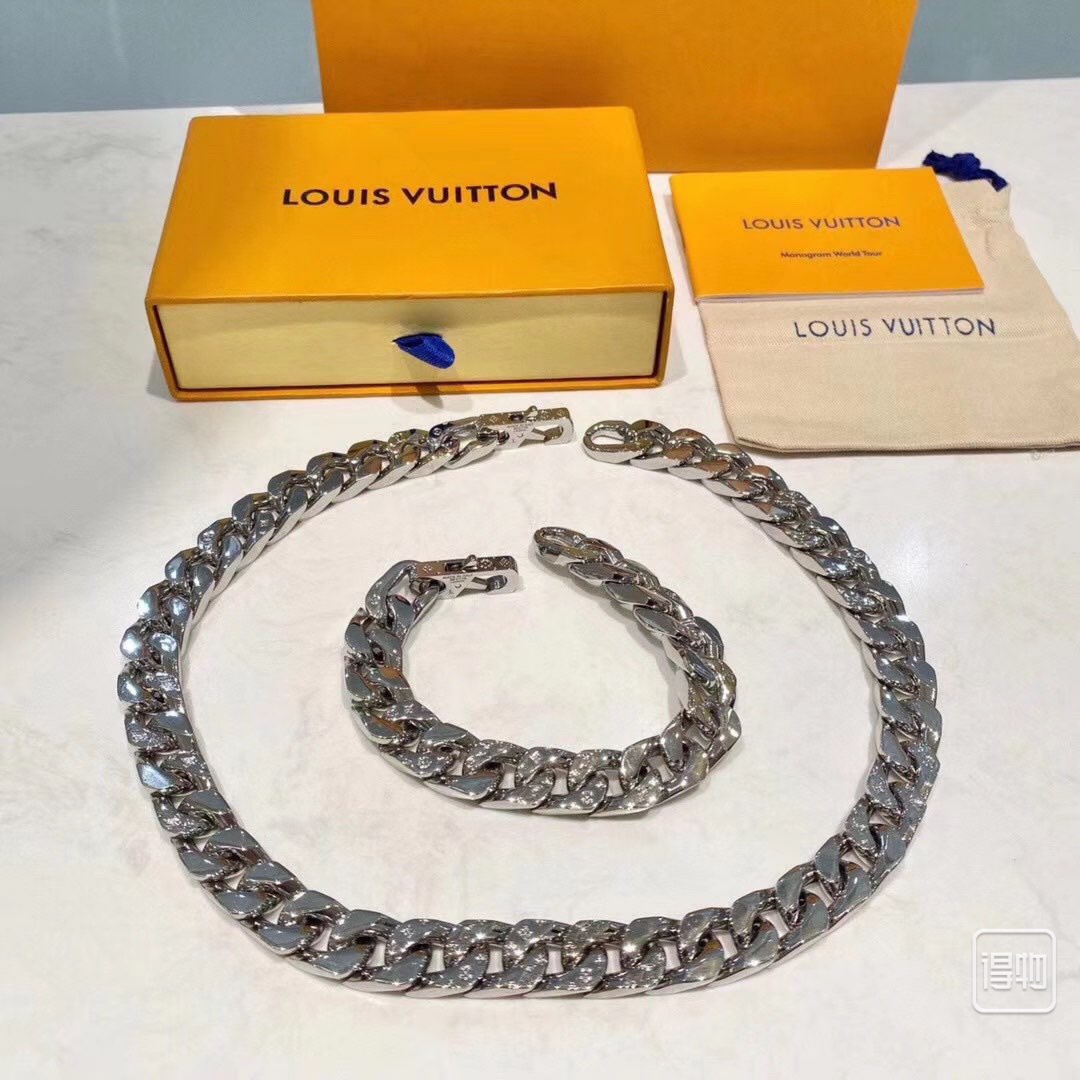 Louis Vuitton Flat Chunky Cuban Chain Bracelet Necklace Mens - Best Replica Jewelry™
