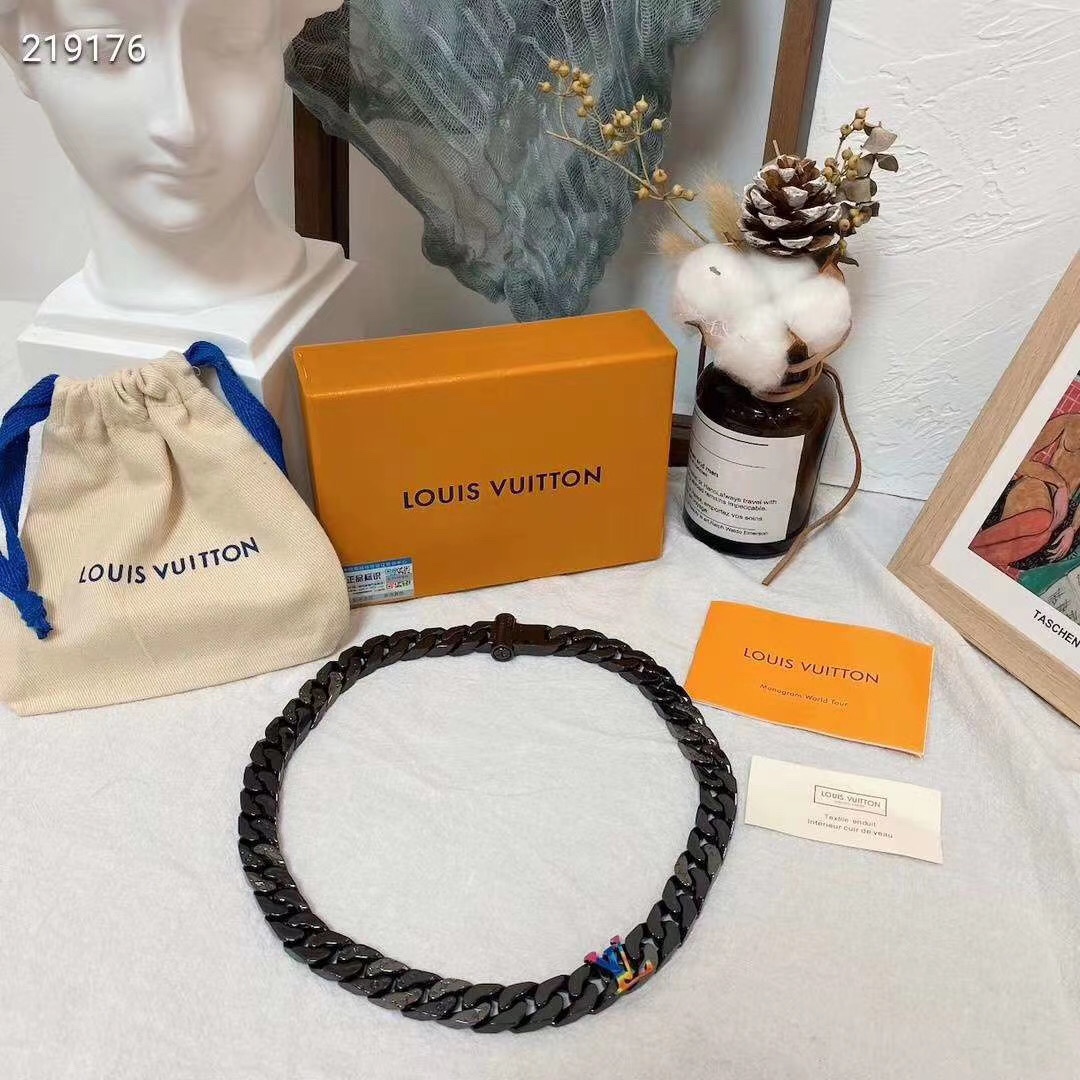 Louis Vuitton Black Cuban Chain Color LV Mens Bracelet Necklace - Best Replica Jewelry™