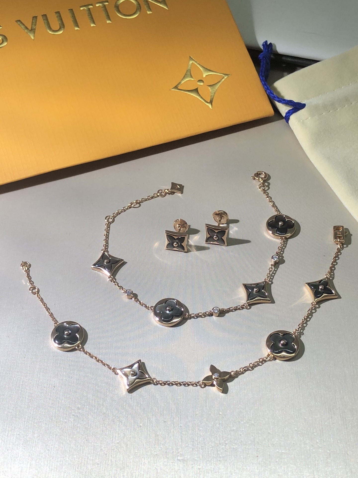 Louis Vuitton Rose Gold Gray Mother of Pearl Earrings Bracelet Necklace - Best Replica Jewelry™