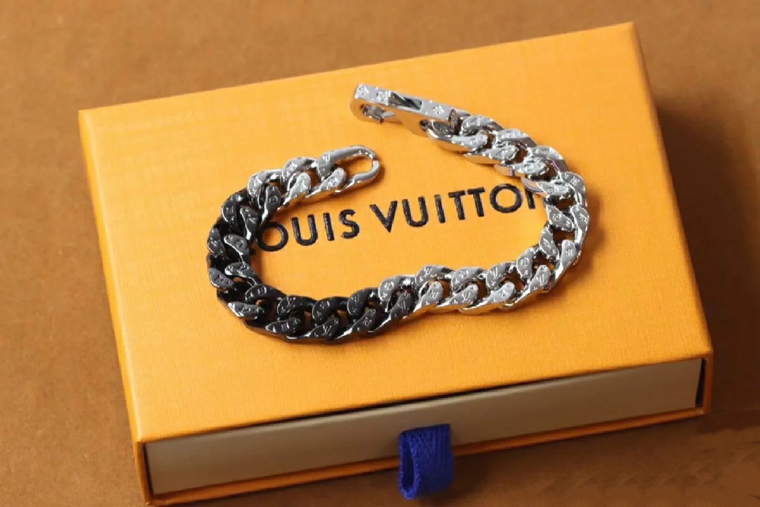 Louis Vuitton Silver Black Cuban Monogram Mens Bracelet - Best Replica Jewelry™