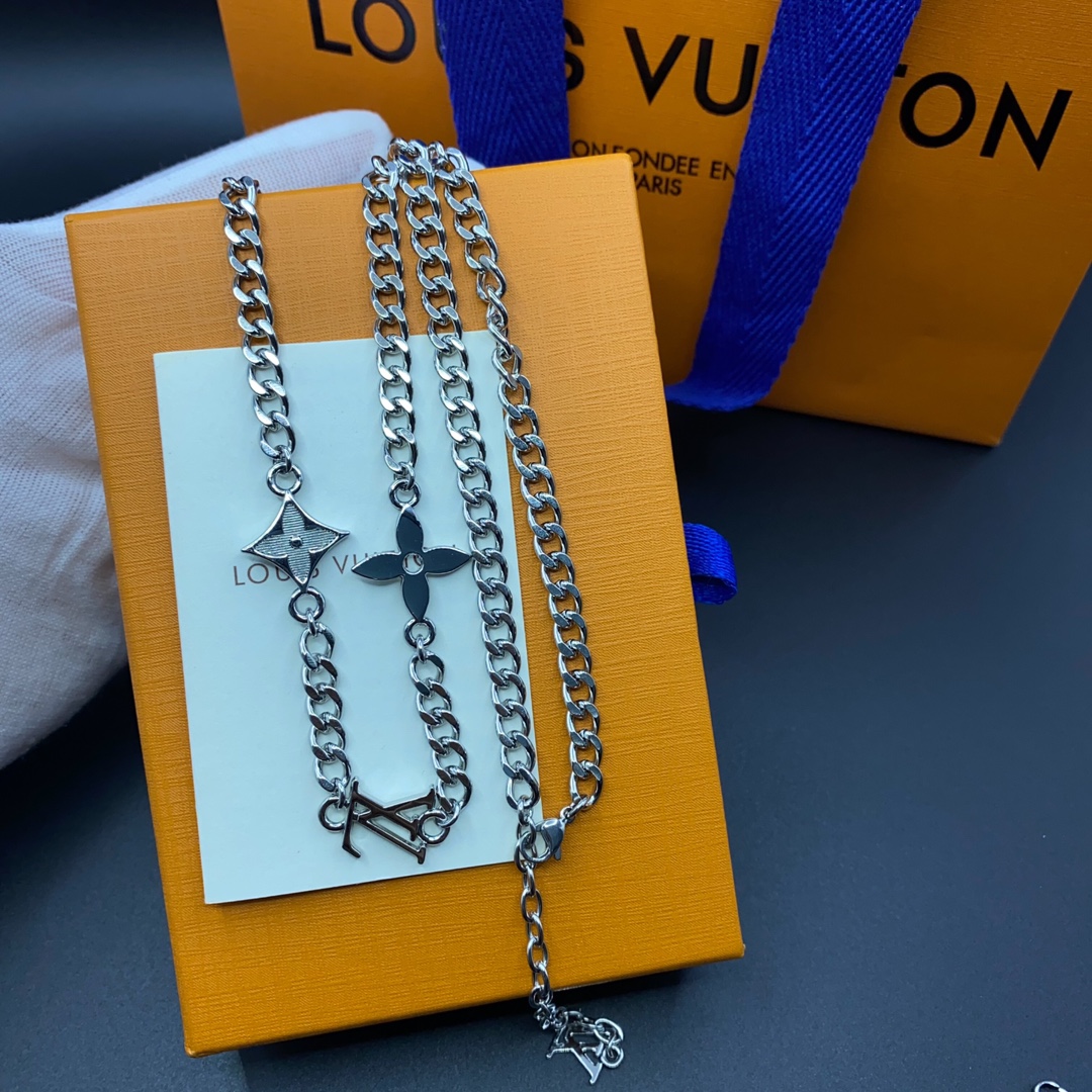 Louis Vuitton Silver Cuban Chain Monogram Necklace Mens - Best Replica Jewelry™