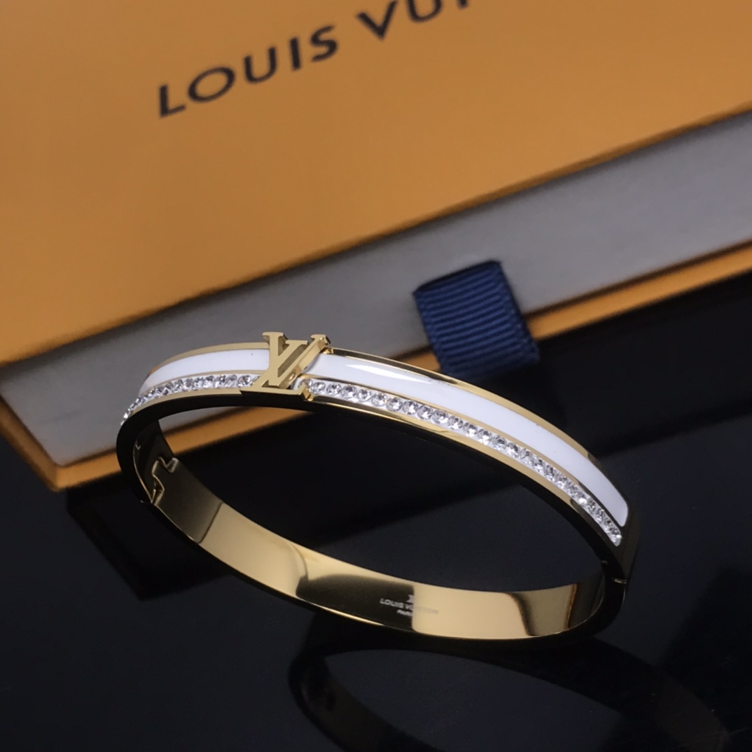 Louis Vuitton White Enamel Diamond LV Bangle Bracelet - Best Replica Jewelry™