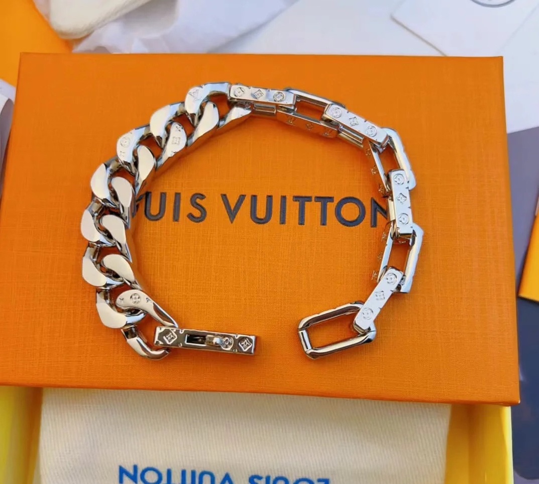 Louis Vuitton Silver Chunky Mixed Cuban Chain Mens Bracelet - Best Replica Jewelry™