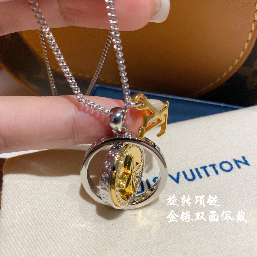 Louis Vuitton Two-Sided Silver Gold Round Rotating Pendant Necklace - Best Replica Jewelry™
