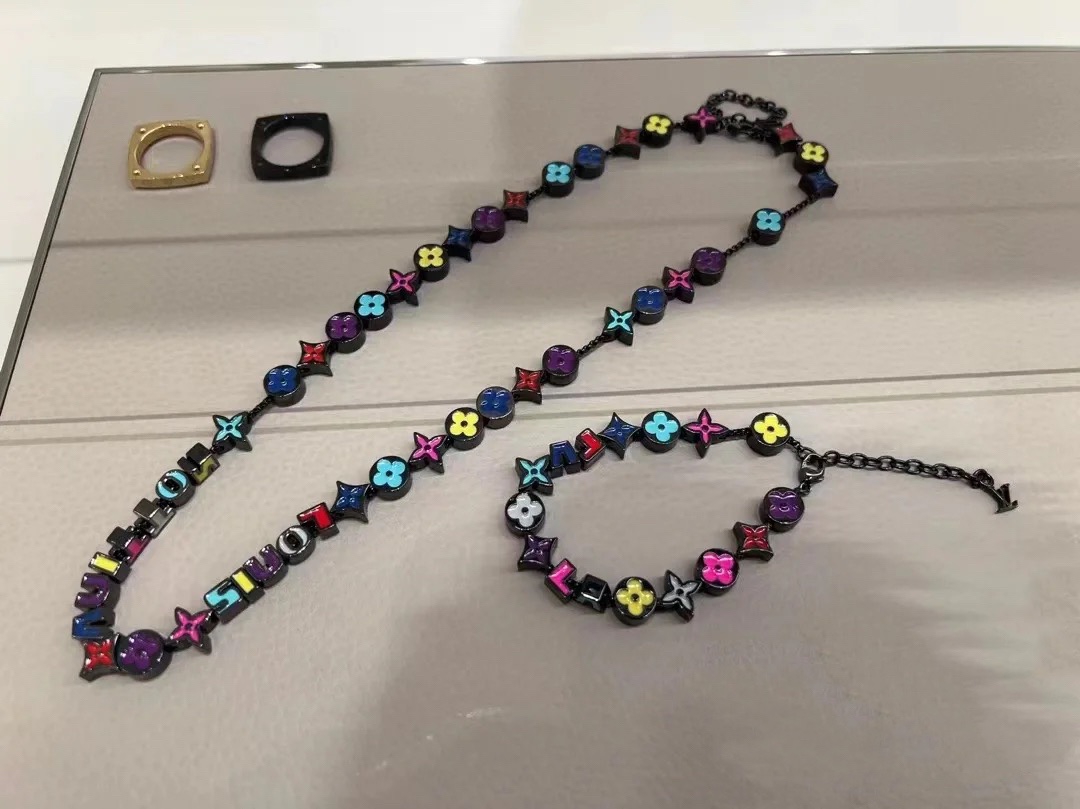Louis Vuitton Black Gold Colorful Enamel Charms Bracelet Necklace for Men - Best Replica Jewelry™