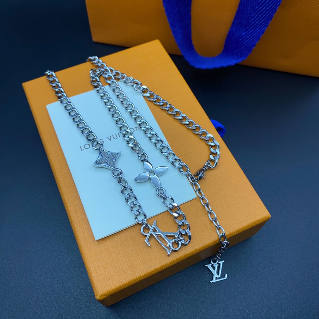 Louis Vuitton Silver Cuban Chain Monogram Necklace Mens - Best Replica Jewelry™