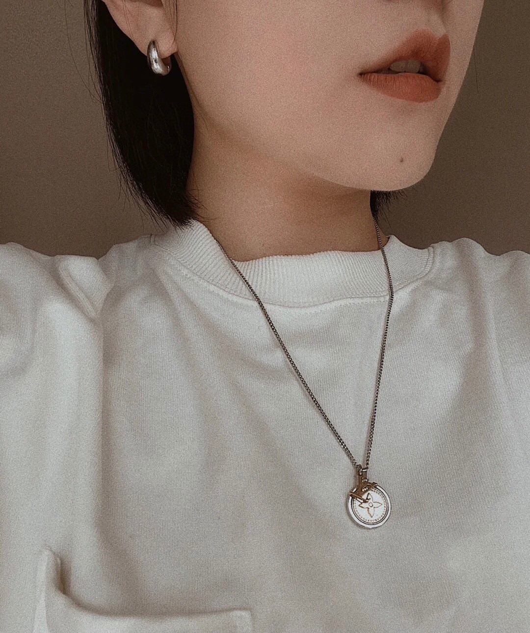 Louis Vuitton Two-Sided Silver Gold Round Rotating Pendant Necklace - Best Replica Jewelry™