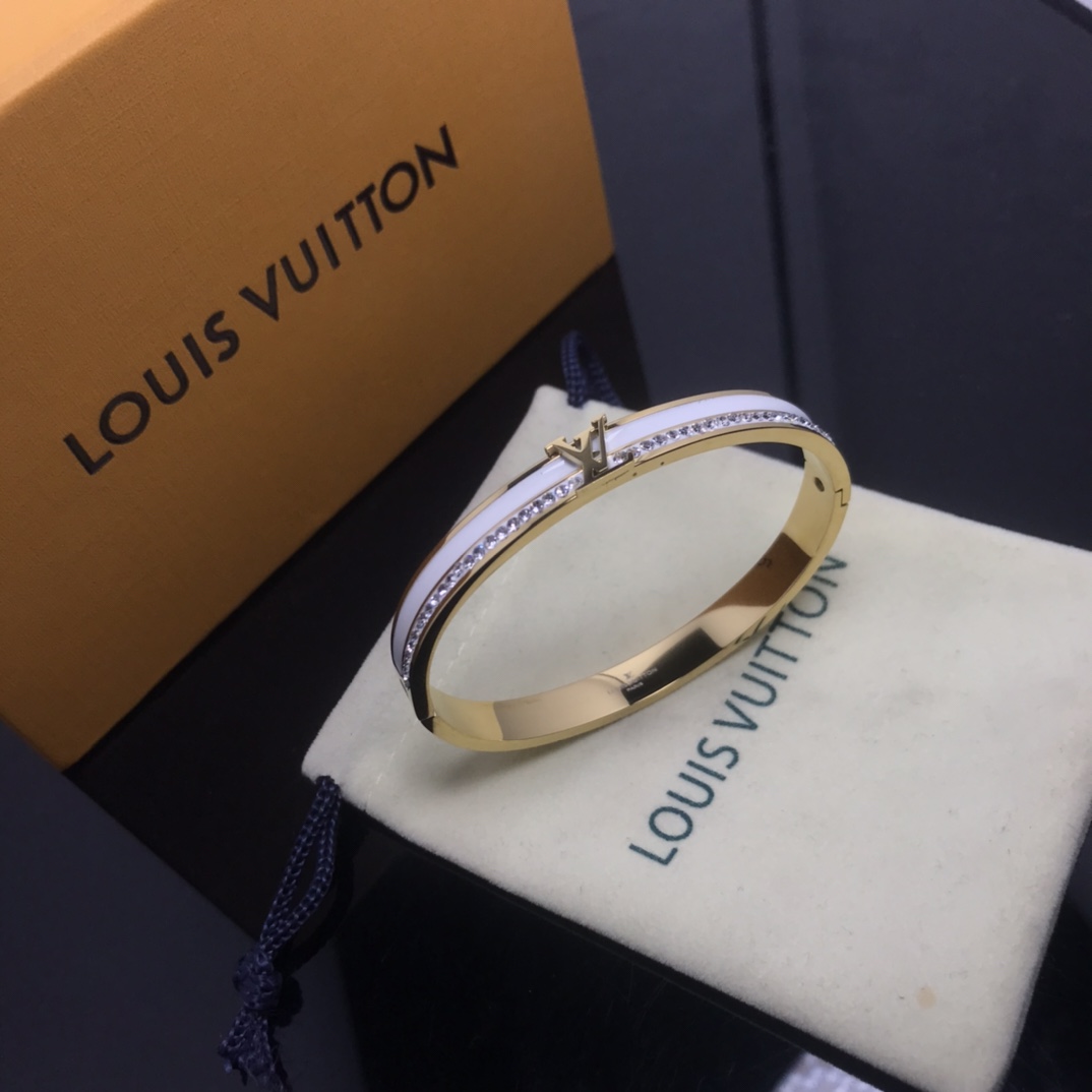 Louis Vuitton White Enamel Diamond LV Bangle Bracelet - Best Replica Jewelry™