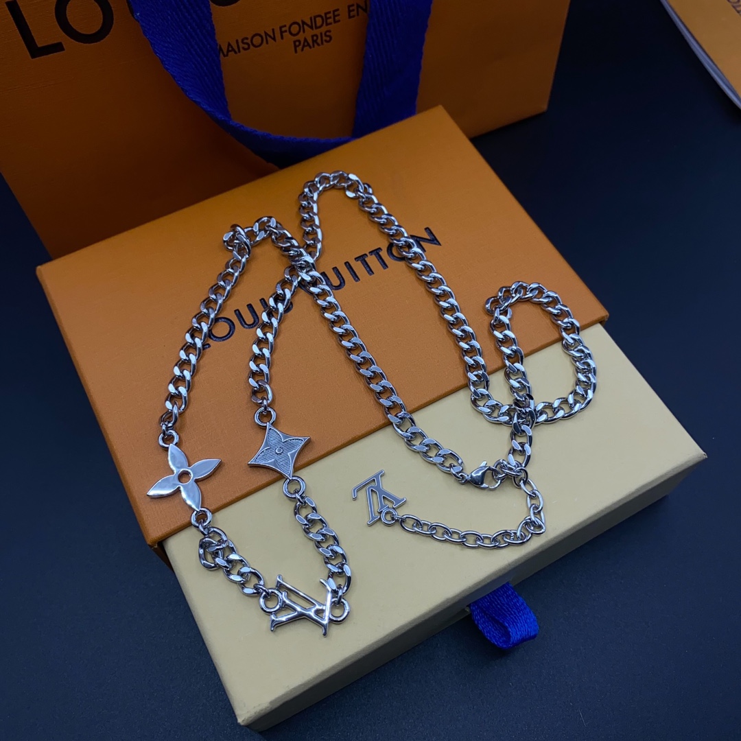 Louis Vuitton Silver Cuban Chain Monogram Necklace Mens - Best Replica Jewelry™