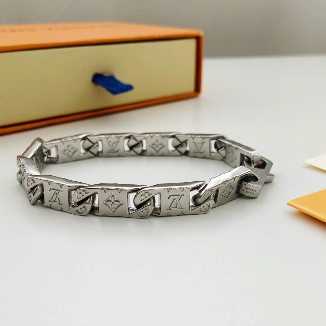 Louis Vuitton Silver Monogram Mens Bracelet - Best Replica Jewelry™