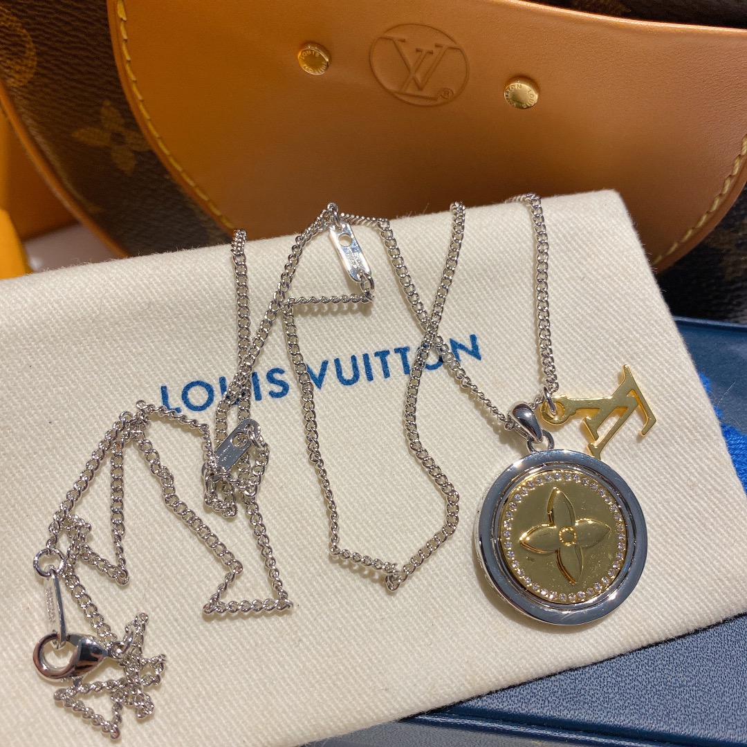 Louis Vuitton Two-Sided Silver Gold Round Rotating Pendant Necklace - Best Replica Jewelry™