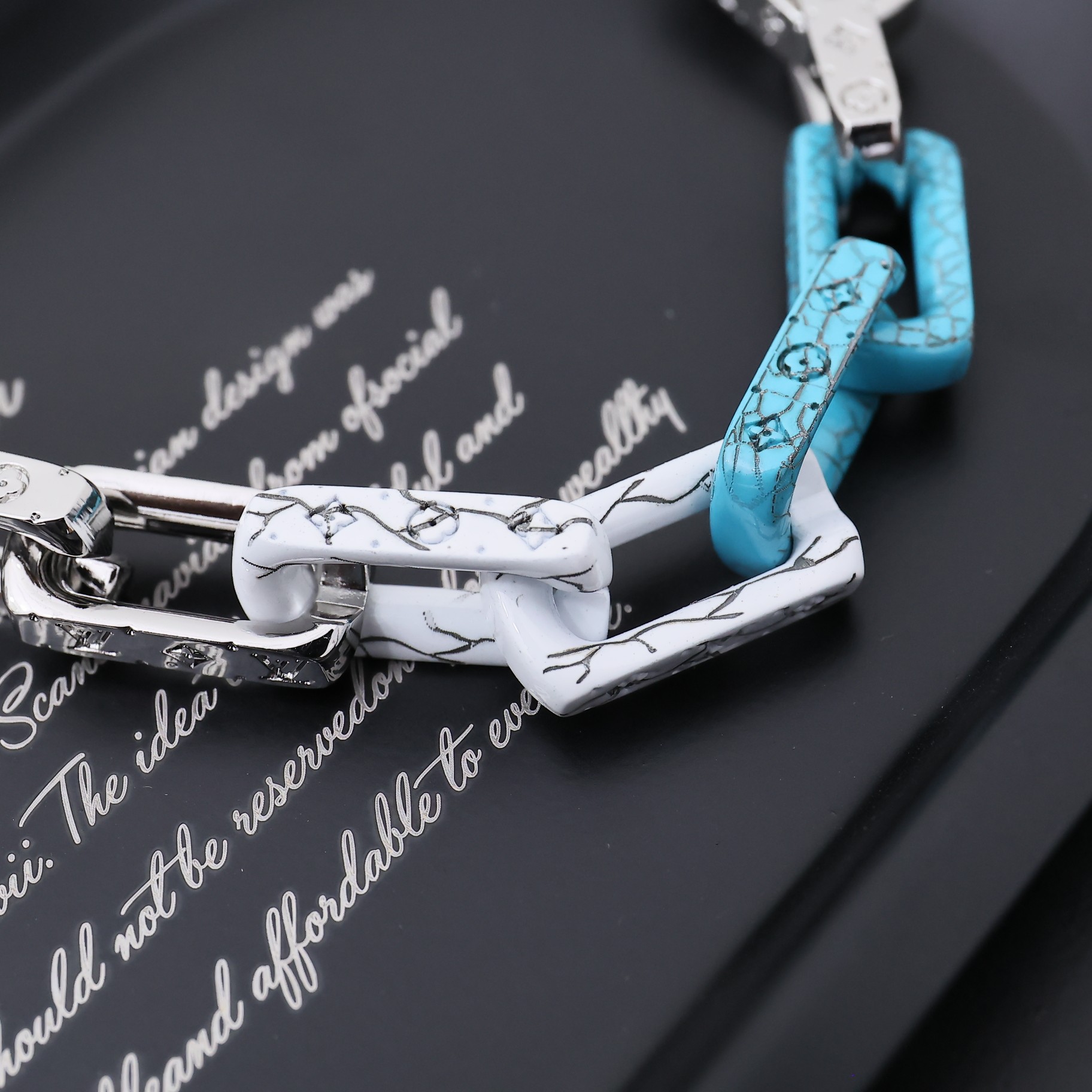 Louis Vuitton Silver Blue Black Colors Monogram Mens Bracelet - Best Replica Jewelry™