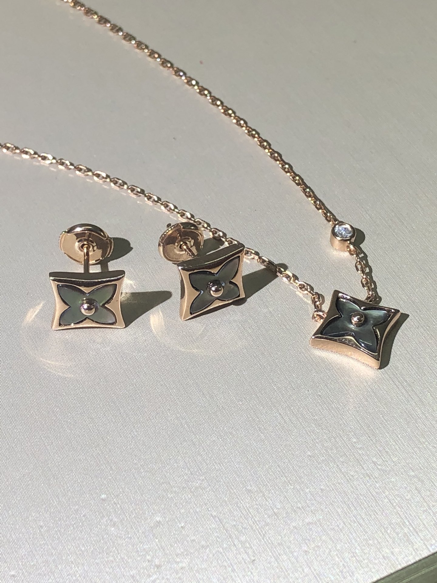 Louis Vuitton Rose Gold Gray Mother of Pearl Earrings Bracelet Necklace - Best Replica Jewelry™