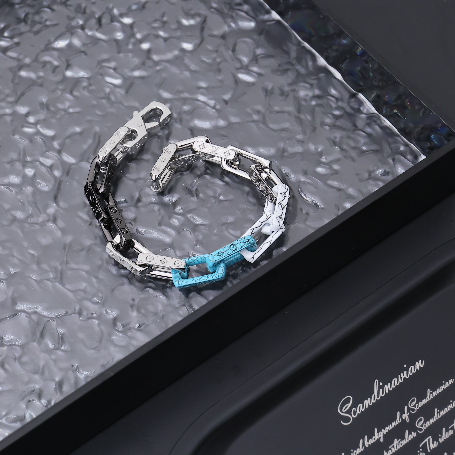 Louis Vuitton Silver Blue Black Colors Monogram Mens Bracelet - Best Replica Jewelry™