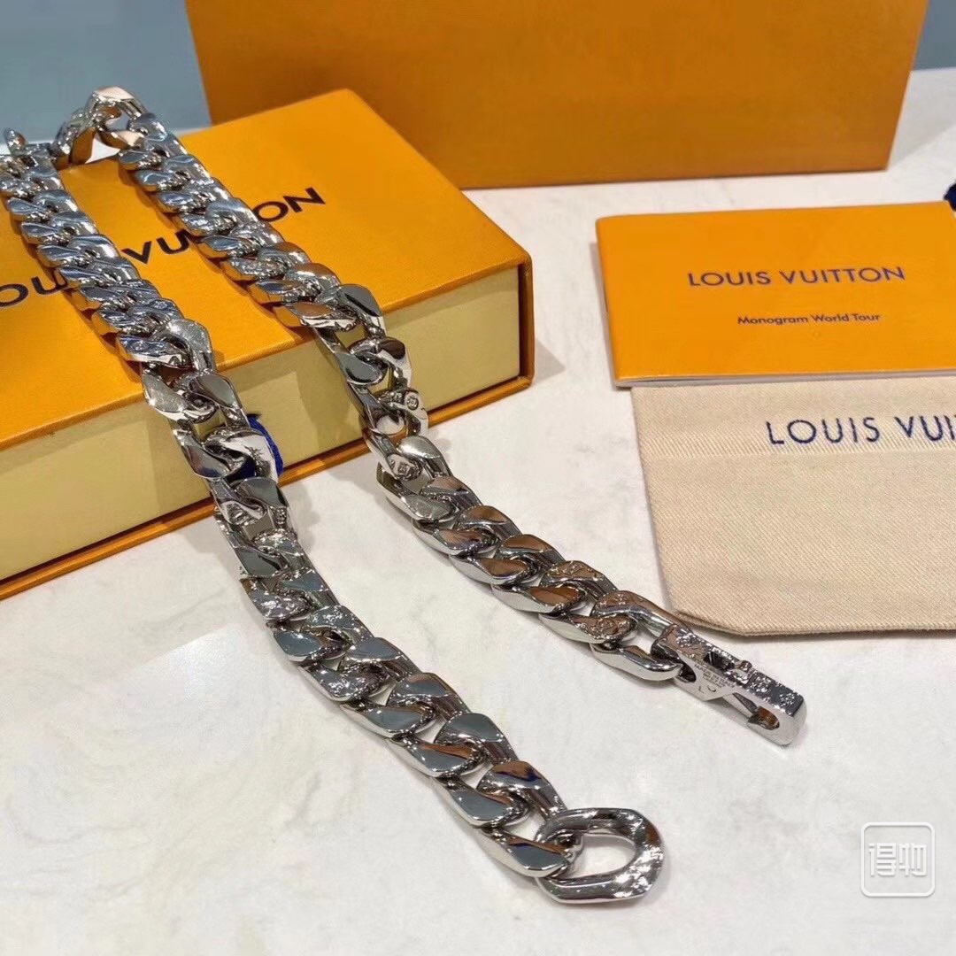 Louis Vuitton Flat Chunky Cuban Chain Bracelet Necklace Mens - Best Replica Jewelry™