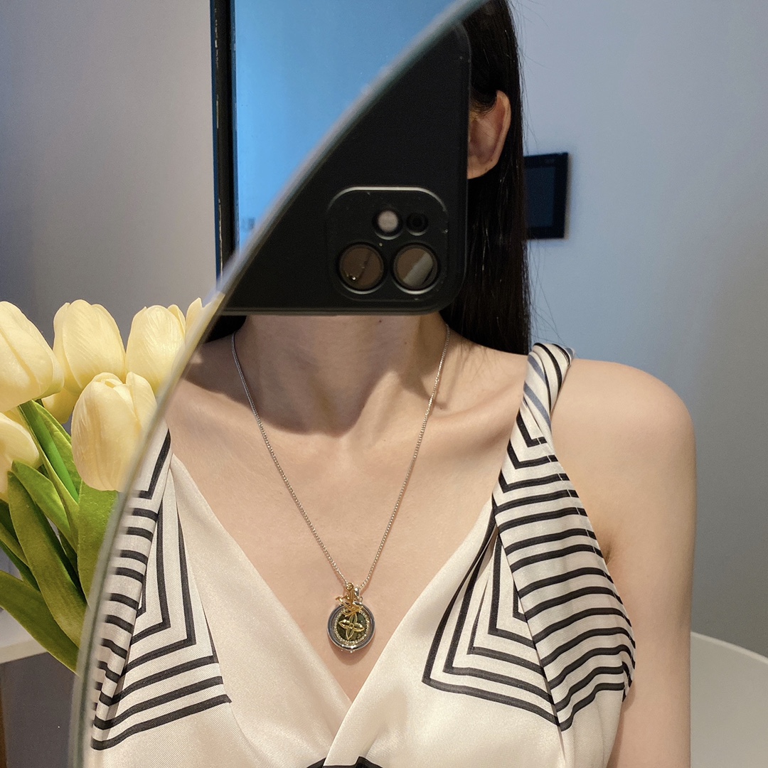 Louis Vuitton Two-Sided Silver Gold Round Rotating Pendant Necklace - Best Replica Jewelry™