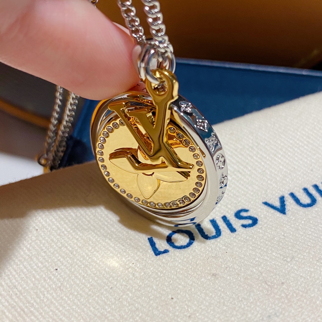 Louis Vuitton Two-Sided Silver Gold Round Rotating Pendant Necklace - Best Replica Jewelry™