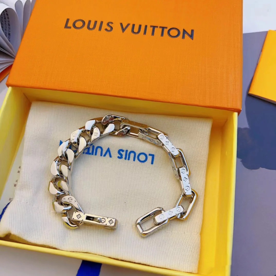 Louis Vuitton Silver Chunky Mixed Cuban Chain Mens Bracelet - Best Replica Jewelry™