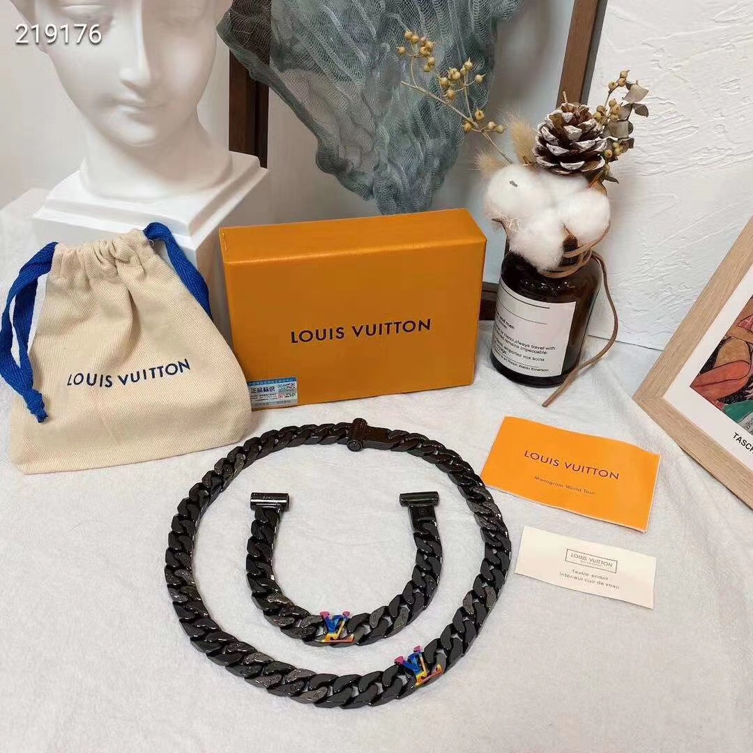 Louis Vuitton Black Cuban Chain Color LV Mens Bracelet Necklace - Best Replica Jewelry™