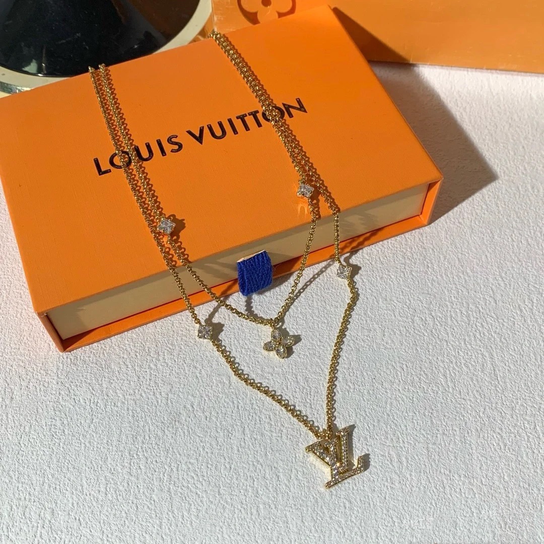 Louis Vuitton 2 Layers Diamond LV Monogram Pendant Necklace - Best Replica Jewelry™