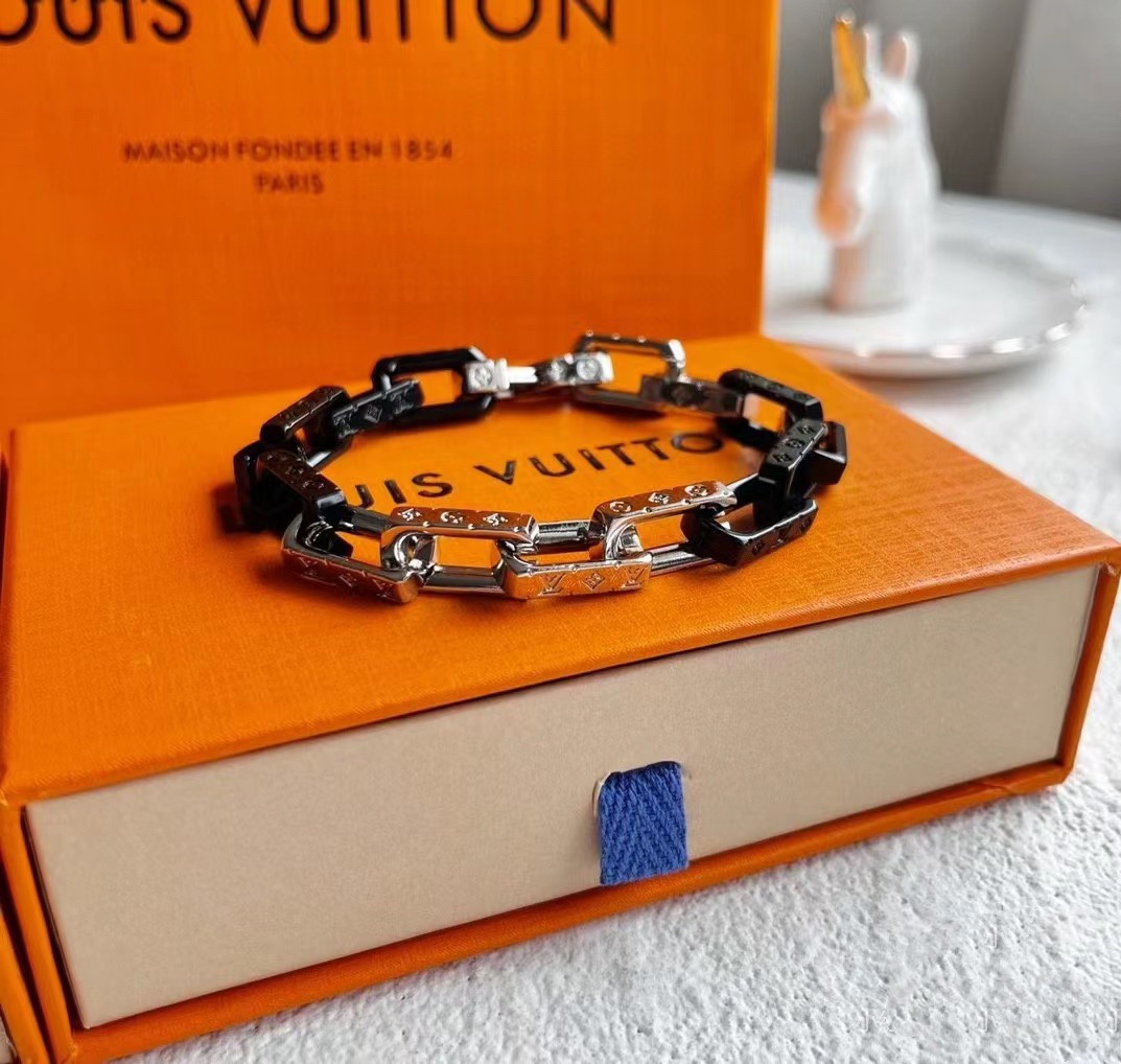 Louis Vuitton Black Silver Mixed Metal Color Monogram Bracelet Mens - Best Replica Jewelry™