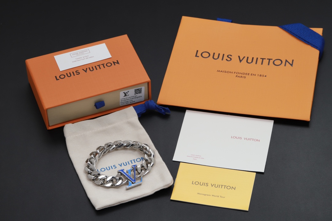 Louis Vuitton Silver Chunky Cuban Chain Blue LV Men's Bracelet - Best Replica Jewelry™