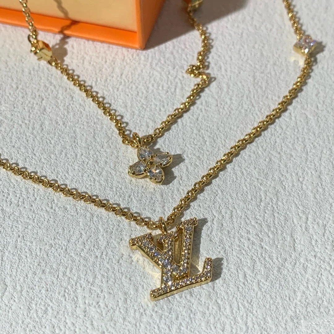 Louis Vuitton 2 Layers Diamond LV Monogram Pendant Necklace - Best Replica Jewelry™