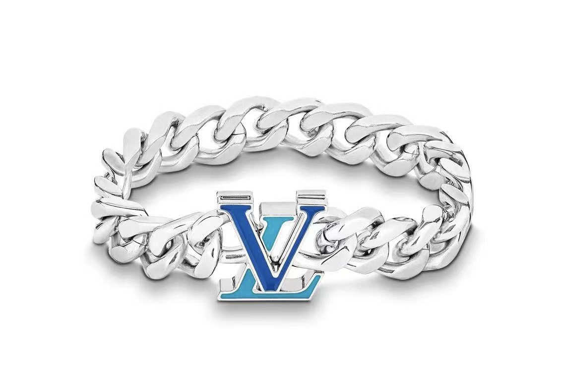 Louis Vuitton Silver Chunky Cuban Chain Blue LV Men's Bracelet - Best Replica Jewelry™