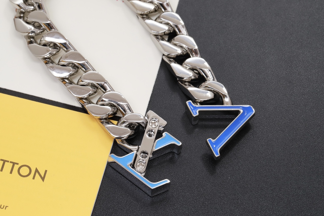 Louis Vuitton Silver Chunky Cuban Chain Blue LV Men's Bracelet - Best Replica Jewelry™
