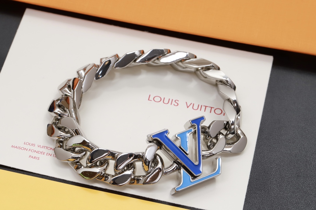 Louis Vuitton Silver Chunky Cuban Chain Blue LV Men's Bracelet - Best Replica Jewelry™