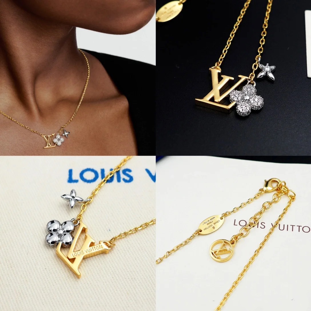 Louis Vuitton Mixed Metal Color LV Monogram Earrings Necklace - Best Replica Jewelry™