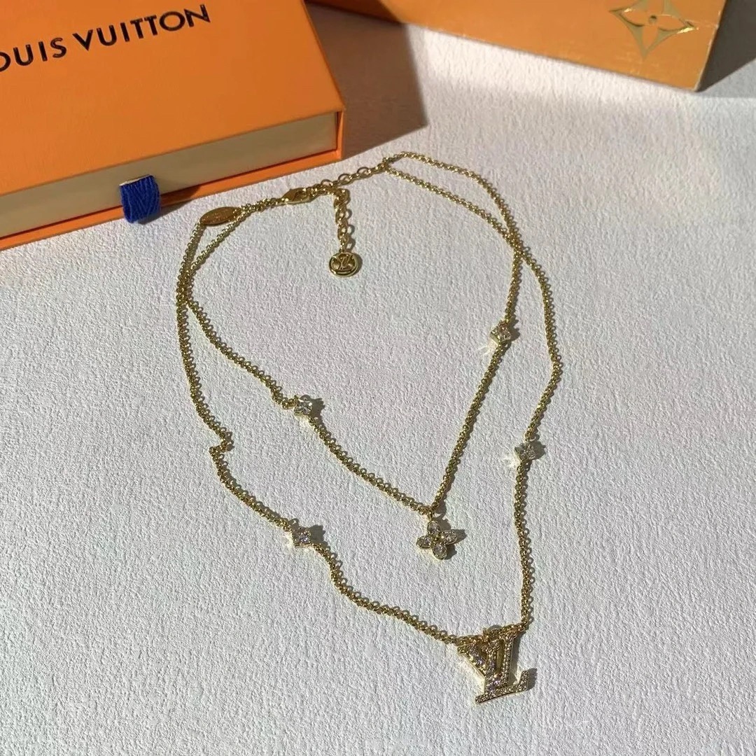 Louis Vuitton 2 Layers Diamond LV Monogram Pendant Necklace - Best Replica Jewelry™