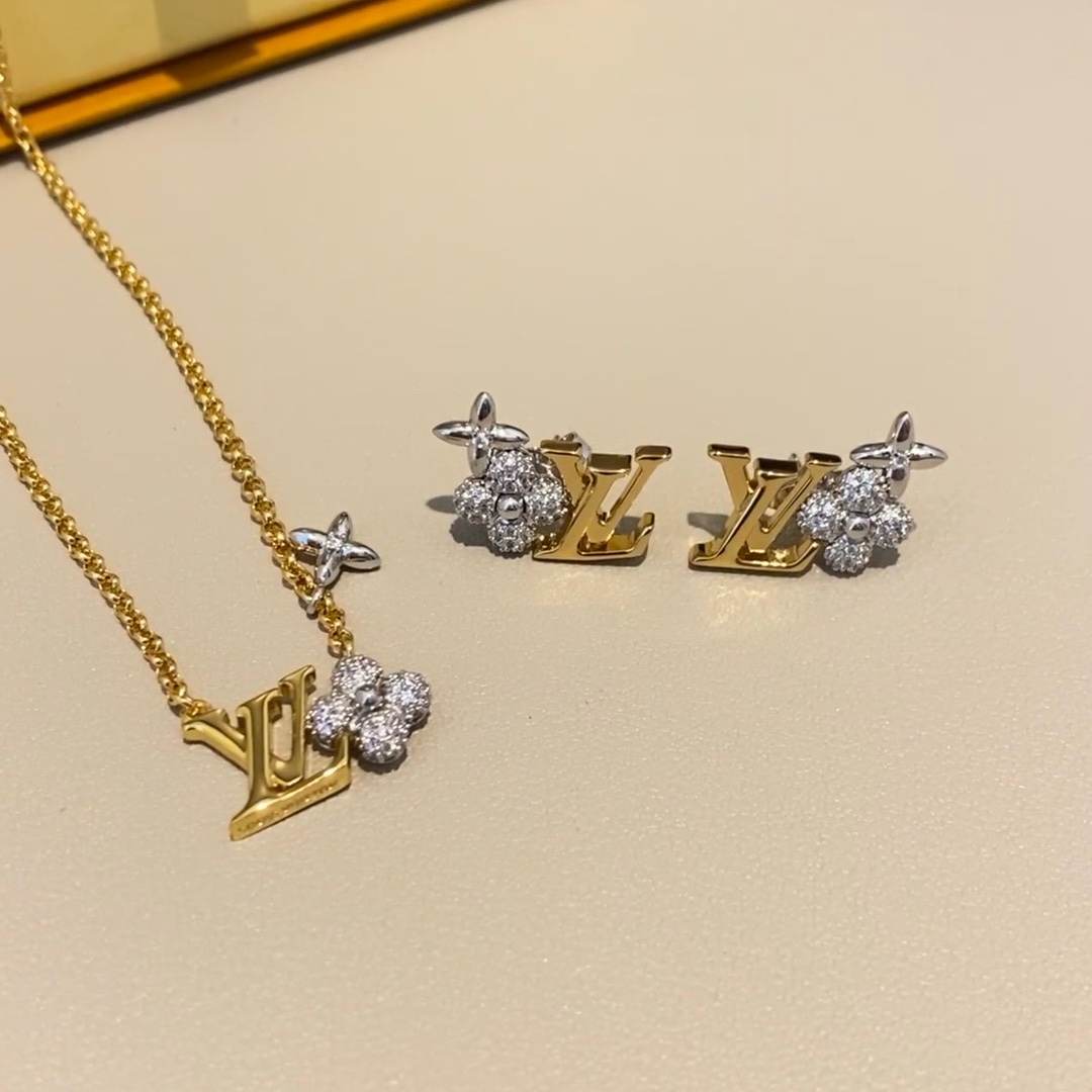 Louis Vuitton Mixed Metal Color LV Monogram Earrings Necklace - Best Replica Jewelry™