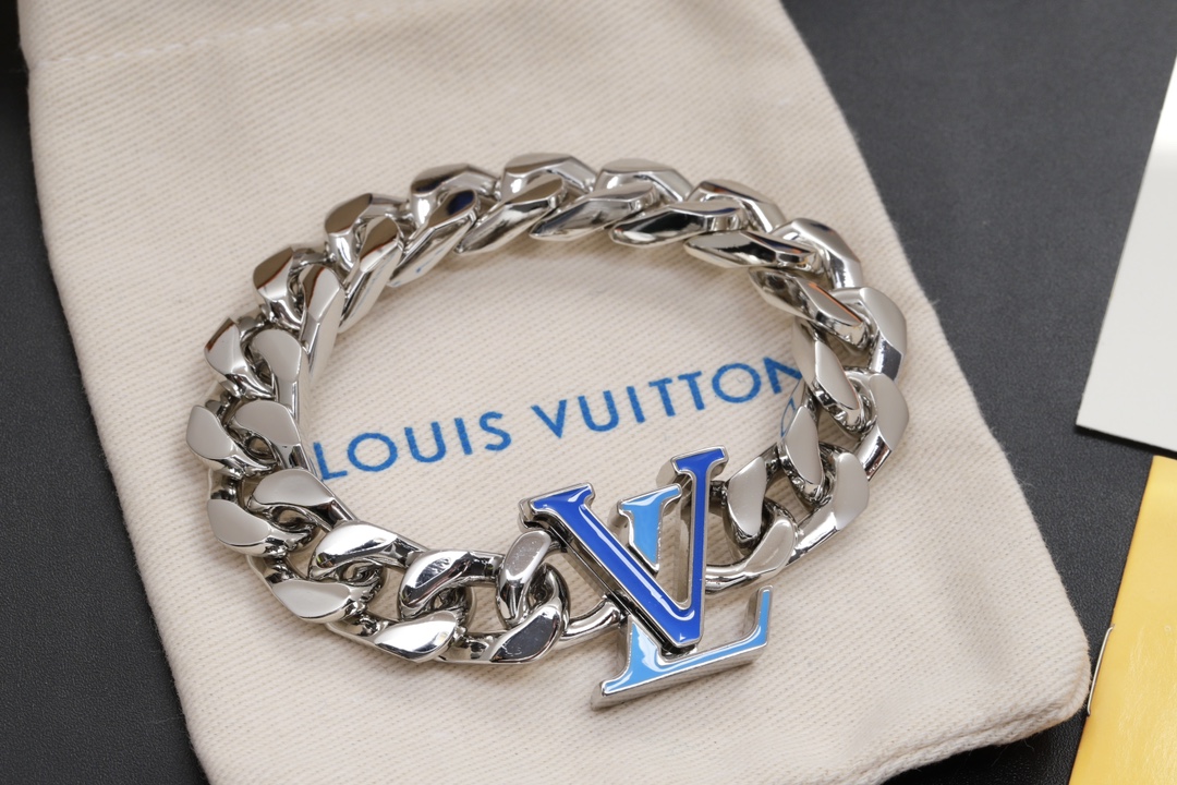 Louis Vuitton Silver Chunky Cuban Chain Blue LV Men's Bracelet - Best Replica Jewelry™