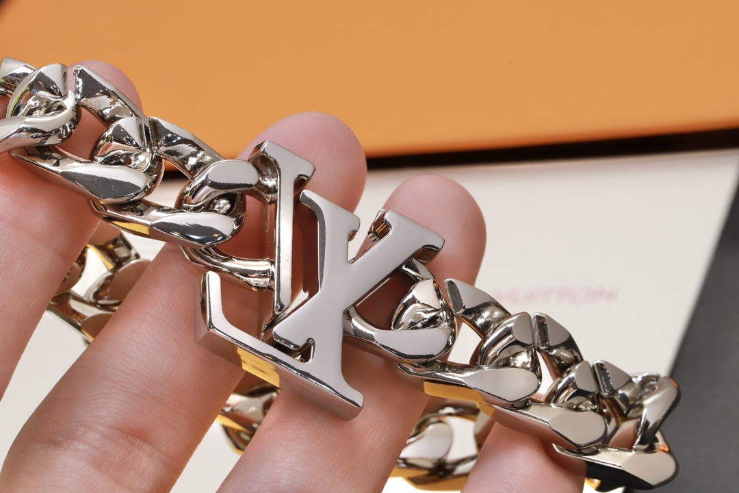 Louis Vuitton Silver Chunky Cuban Chain Blue LV Men's Bracelet - Best Replica Jewelry™