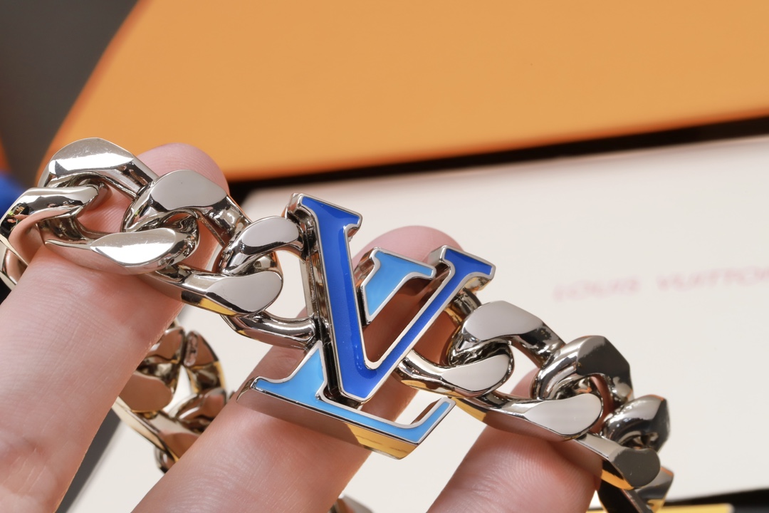 Louis Vuitton Silver Chunky Cuban Chain Blue LV Men's Bracelet - Best Replica Jewelry™