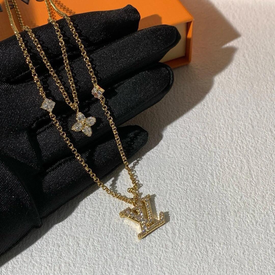 Louis Vuitton 2 Layers Diamond LV Monogram Pendant Necklace - Best Replica Jewelry™