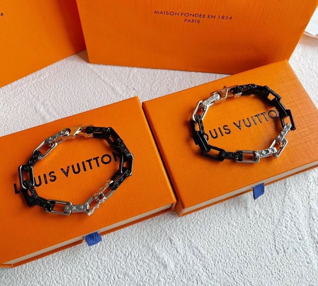 Louis Vuitton Black Silver Mixed Metal Color Monogram Bracelet Mens - Best Replica Jewelry™