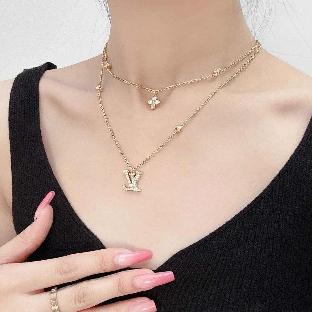 Louis Vuitton 2 Layers Diamond LV Monogram Pendant Necklace - Best Replica Jewelry™