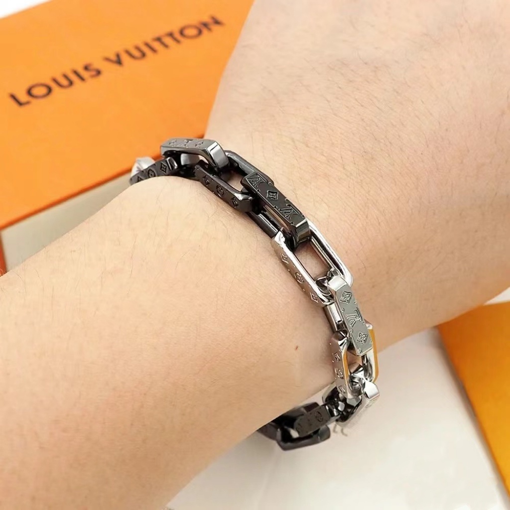 Louis Vuitton Black Silver Mixed Metal Color Monogram Bracelet Mens - Best Replica Jewelry™