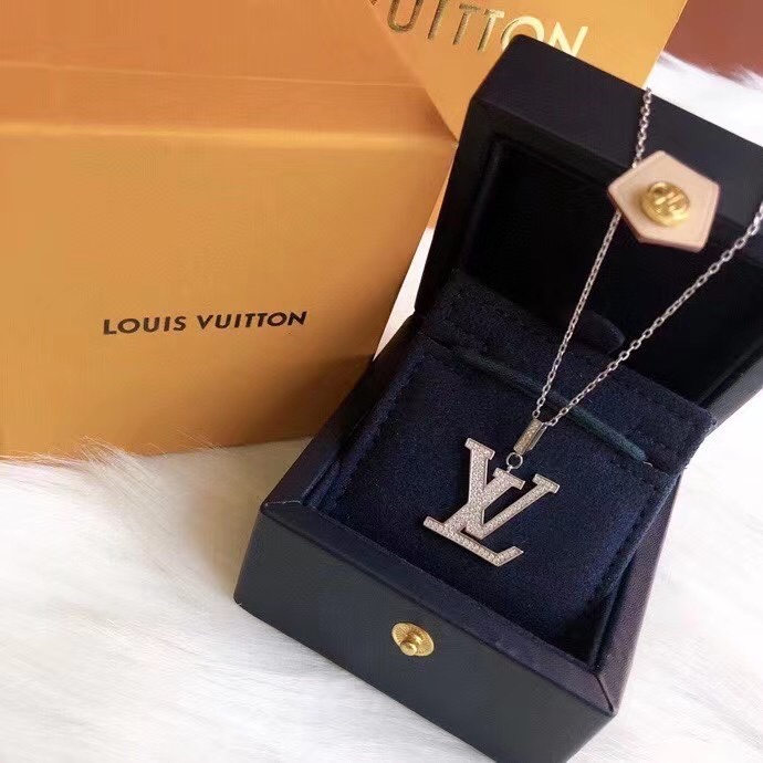 Louis Vuitton Full Diamond Silver LV Monogram Pendant Necklace - Best Replica Jewelry™