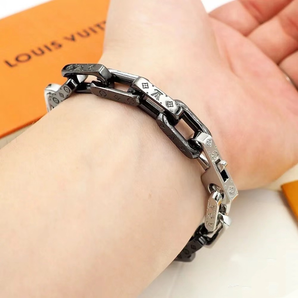 Louis Vuitton Black Silver Mixed Metal Color Monogram Bracelet Mens - Best Replica Jewelry™