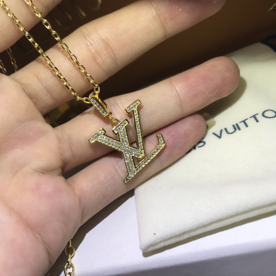 Louis Vuitton Full Diamond Paved LV Pendant Necklace - Best Replica Jewelry™