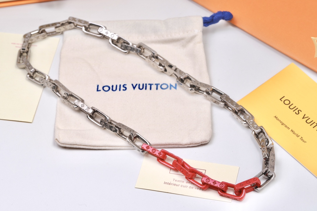 Louis Vuitton Silver Mixed Orange Monogram Chain Necklace - Best Replica Jewelry™