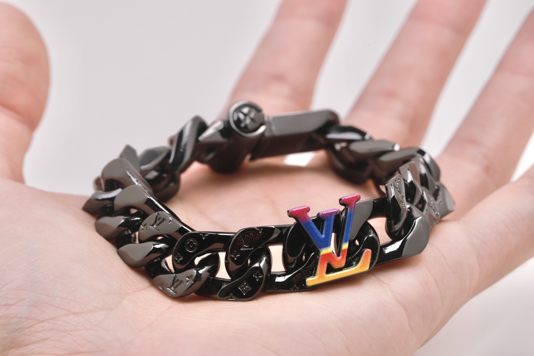 Louis Vuitton Black Cuban Chain Color LV Mens Bracelet Necklace - Best Replica Jewelry™