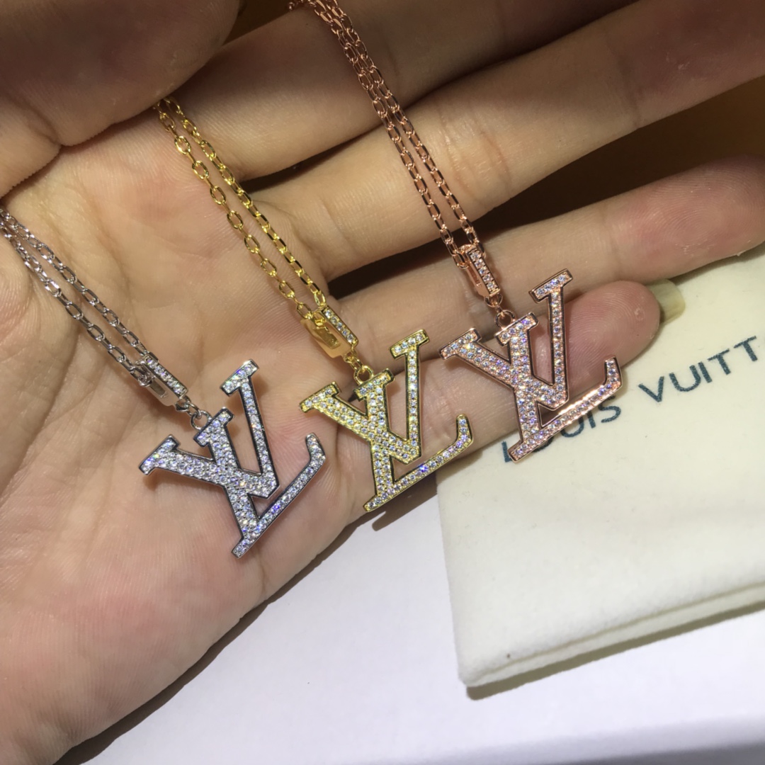 Louis Vuitton Full Diamond Paved LV Pendant Necklace - Best Replica Jewelry™