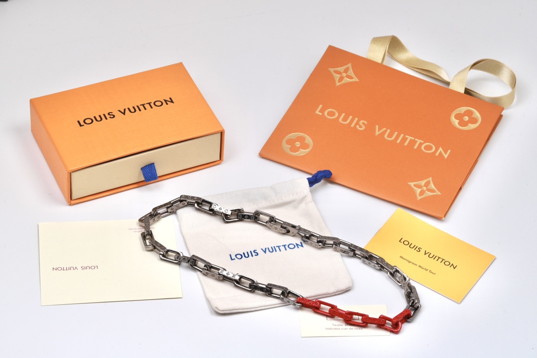 Louis Vuitton Silver Mixed Orange Monogram Chain Necklace - Best Replica Jewelry™