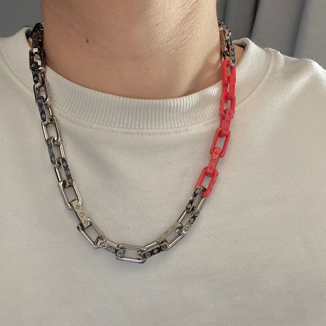 Louis Vuitton Silver Mixed Orange Monogram Chain Necklace - Best Replica Jewelry™